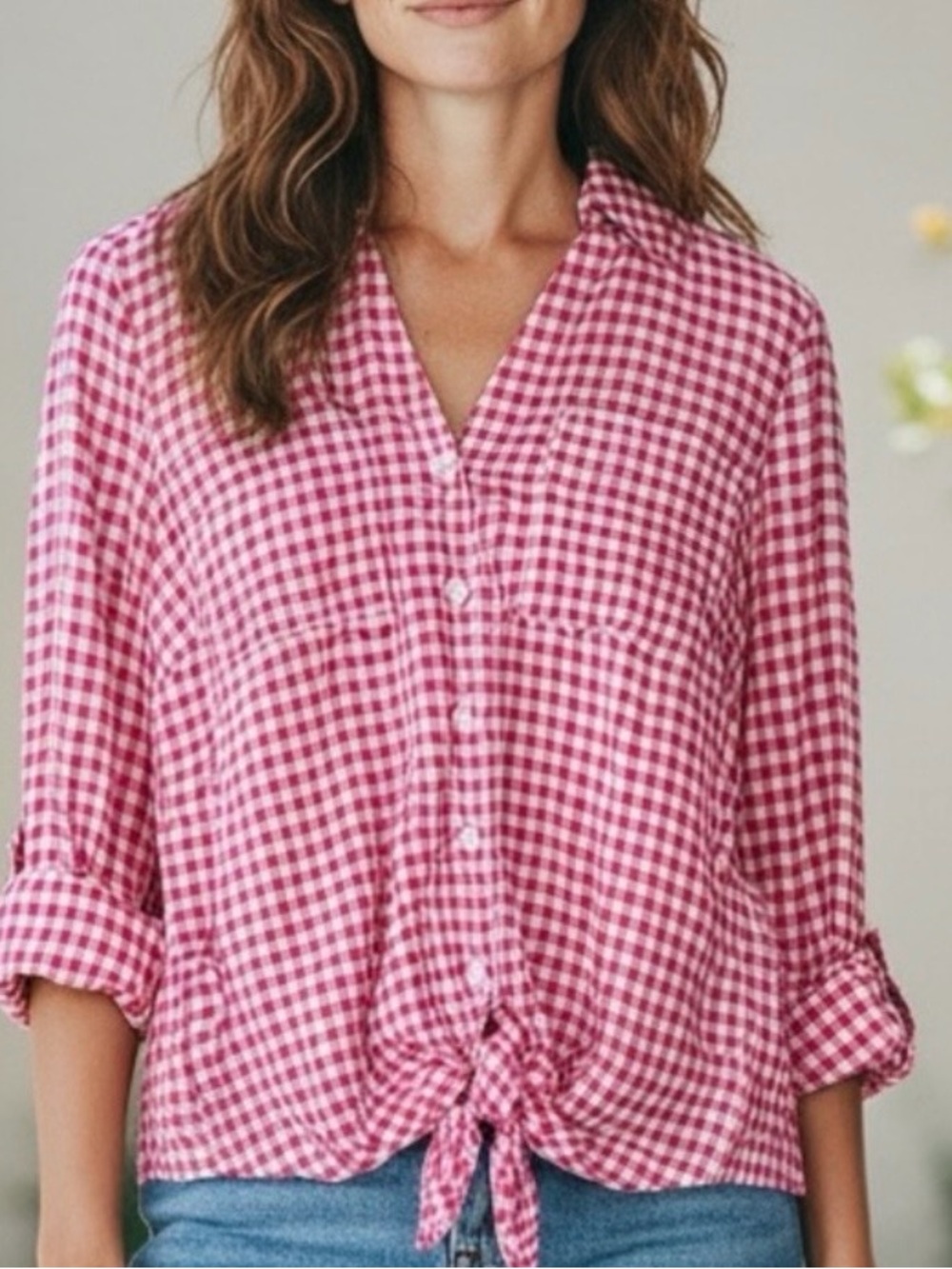Jones New York Pink & White Gingham Tie-Front Button Up Shirt Size 2XL